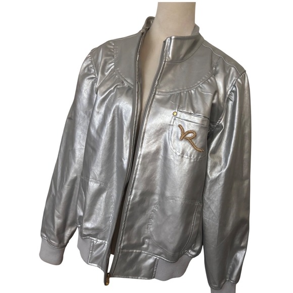 Rocawear Mens Metallic Silver Faux Leather Bomber Jacket Gold Logo 2X Streetwear - Picture 2 of 5